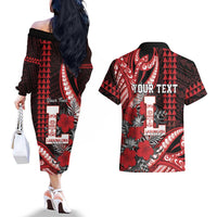 Personalized Hawaii Lahainaluna High School Couples Matching Off The Shoulder Long Sleeve Dress and Hawaiian Shirt Tribal Tattoo With Hibiscus Flowers