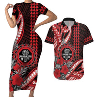 Personalized Hawaii Lahainaluna High School Couples Matching Short Sleeve Bodycon Dress and Hawaiian Shirt Tribal Tattoo With Hibiscus Flowers