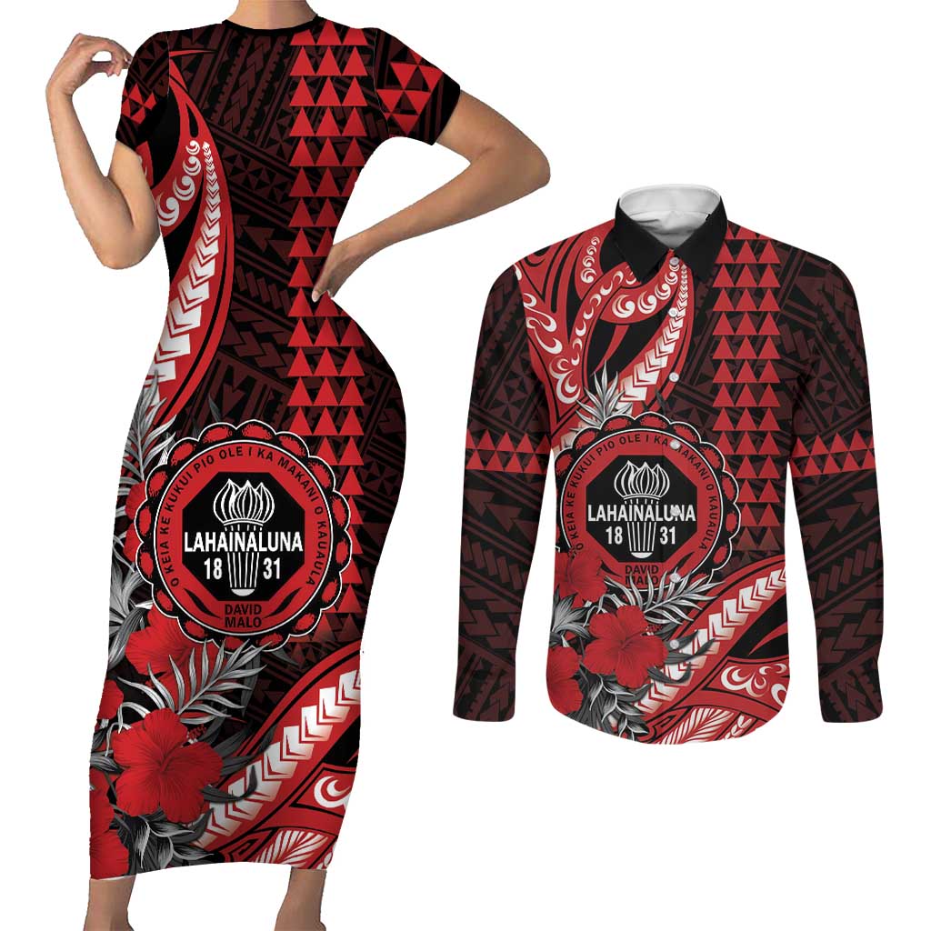 Personalized Hawaii Lahainaluna High School Couples Matching Short Sleeve Bodycon Dress and Long Sleeve Button Shirt Tribal Tattoo With Hibiscus Flowers LT05 Red - Polynesian Pride
