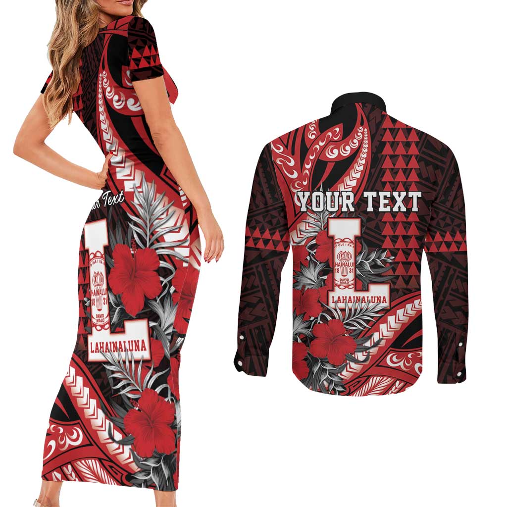Personalized Hawaii Lahainaluna High School Couples Matching Short Sleeve Bodycon Dress and Long Sleeve Button Shirt Tribal Tattoo With Hibiscus Flowers