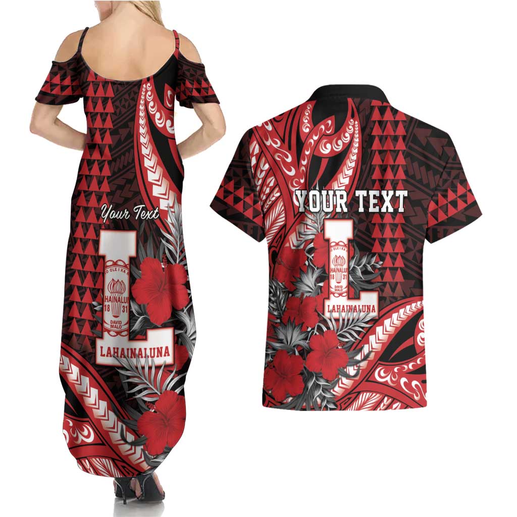 Personalized Hawaii Lahainaluna High School Couples Matching Summer Maxi Dress and Hawaiian Shirt Tribal Tattoo With Hibiscus Flowers