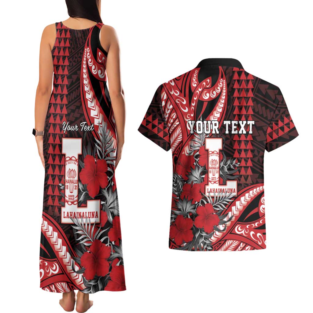 Personalized Hawaii Lahainaluna High School Couples Matching Tank Maxi Dress and Hawaiian Shirt Tribal Tattoo With Hibiscus Flowers