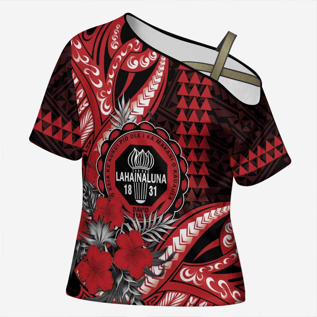 Personalized Hawaii Lahainaluna High School Cross Shoulder Shirt Tribal Tattoo With Hibiscus Flowers LT05 Female Red - Polynesian Pride