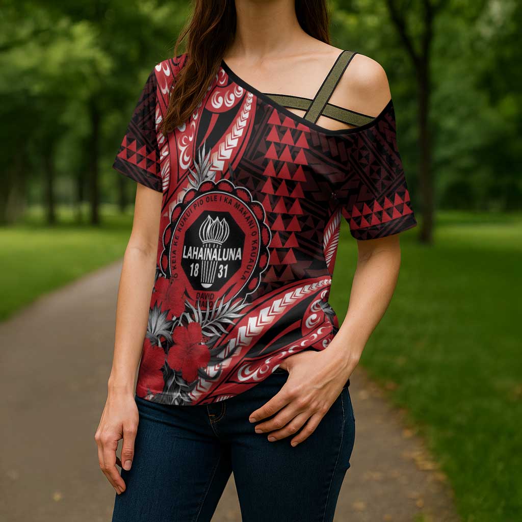 Personalized Hawaii Lahainaluna High School Cross Shoulder Shirt Tribal Tattoo With Hibiscus Flowers LT05 - Polynesian Pride