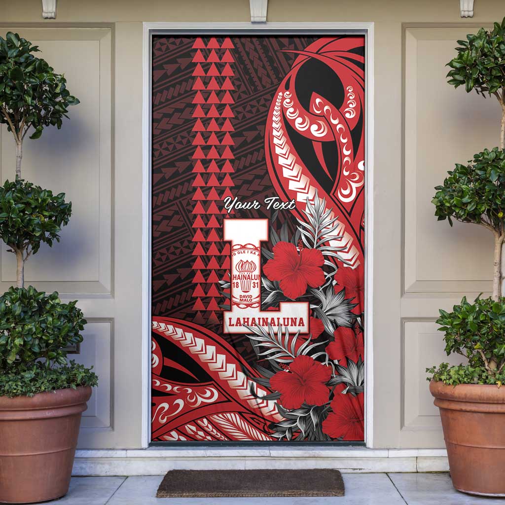 Personalized Hawaii Lahainaluna High School Door Cover Tribal Tattoo With Hibiscus Flowers LT05 Red - Polynesian Pride