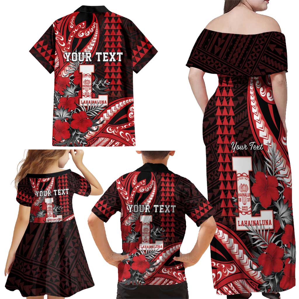 Personalized Hawaii Lahainaluna High School Family Matching Off Shoulder Maxi Dress and Hawaiian Shirt Tribal Tattoo With Hibiscus Flowers