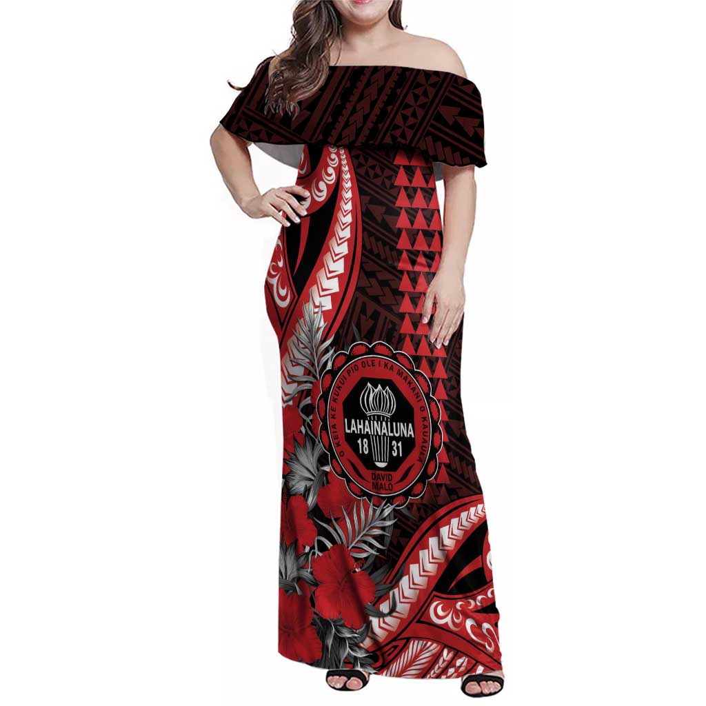 Personalized Hawaii Lahainaluna High School Family Matching Off Shoulder Maxi Dress and Hawaiian Shirt Tribal Tattoo With Hibiscus Flowers