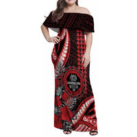 Personalized Hawaii Lahainaluna High School Family Matching Off Shoulder Maxi Dress and Hawaiian Shirt Tribal Tattoo With Hibiscus Flowers