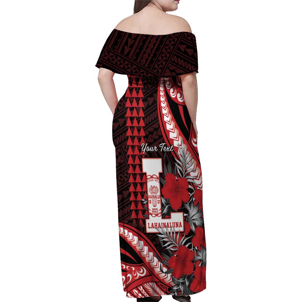 Personalized Hawaii Lahainaluna High School Family Matching Off Shoulder Maxi Dress and Hawaiian Shirt Tribal Tattoo With Hibiscus Flowers