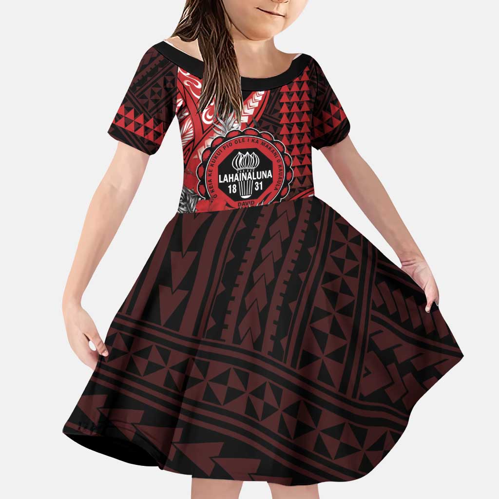 Personalized Hawaii Lahainaluna High School Family Matching Short Sleeve Bodycon Dress and Hawaiian Shirt Tribal Tattoo With Hibiscus Flowers
