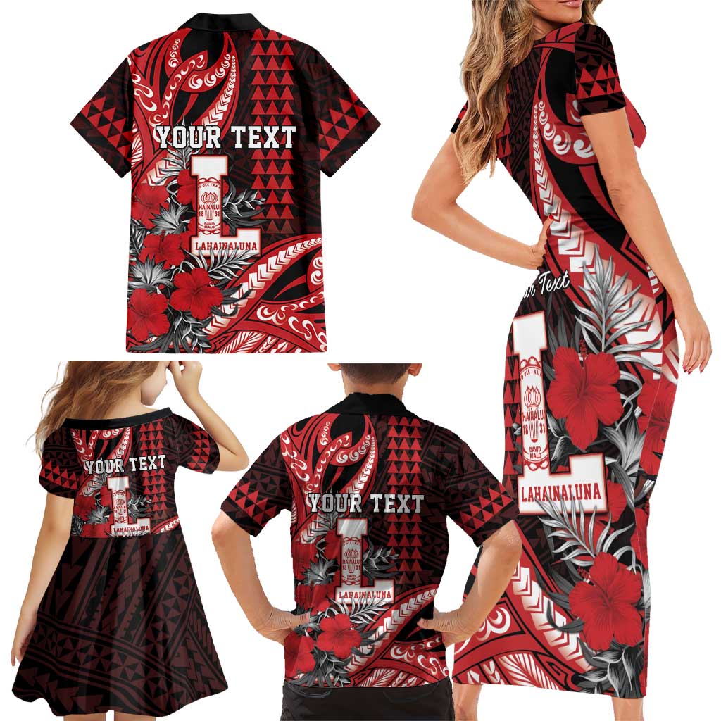 Personalized Hawaii Lahainaluna High School Family Matching Short Sleeve Bodycon Dress and Hawaiian Shirt Tribal Tattoo With Hibiscus Flowers