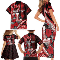 Personalized Hawaii Lahainaluna High School Family Matching Short Sleeve Bodycon Dress and Hawaiian Shirt Tribal Tattoo With Hibiscus Flowers