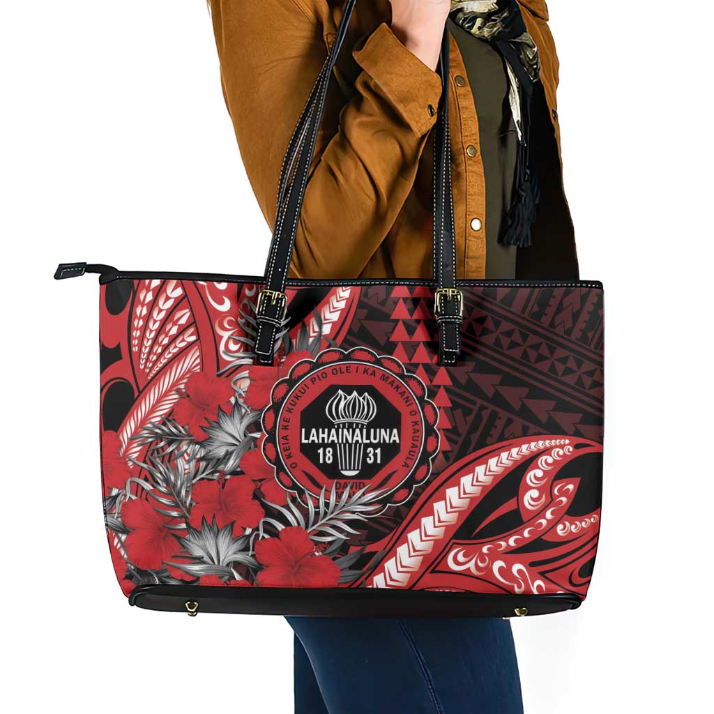 Hawaii Lahainaluna High School Leather Tote Bag Tribal Tattoo With Hibiscus Flowers LT05 - Polynesian Pride