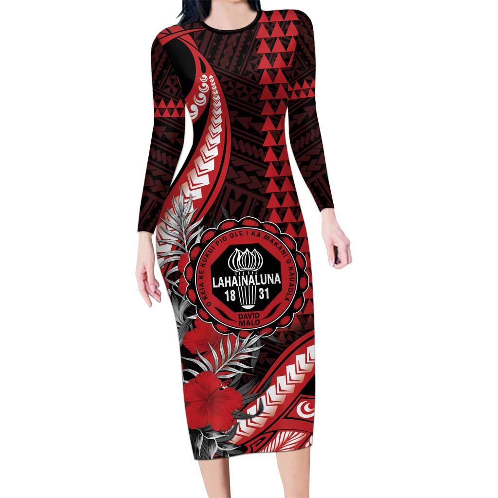 Personalized Hawaii Lahainaluna High School Long Sleeve Bodycon Dress Tribal Tattoo With Hibiscus Flowers LT05 Long Dress Red - Polynesian Pride