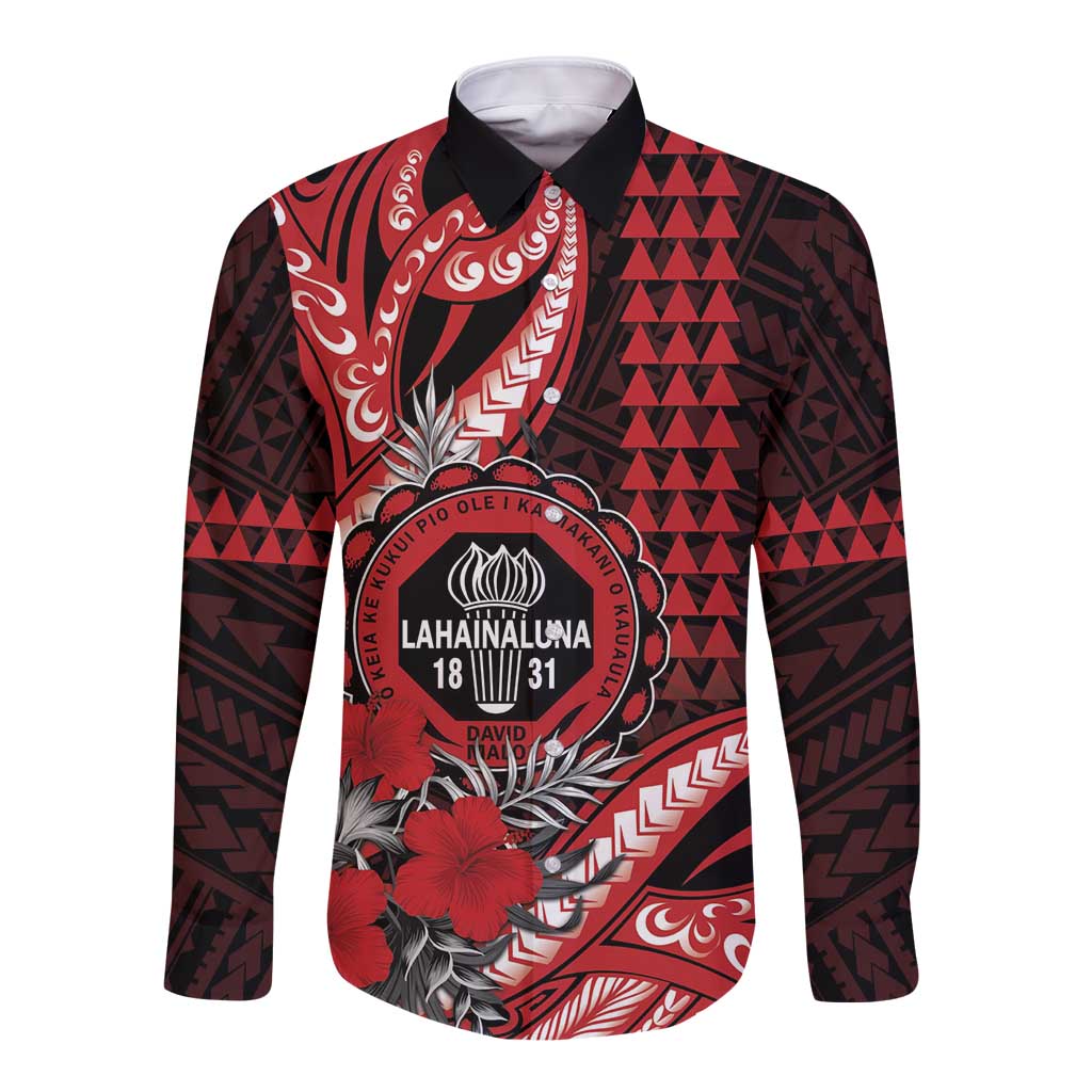 Personalized Hawaii Lahainaluna High School Long Sleeve Button Shirt Tribal Tattoo With Hibiscus Flowers LT05 Unisex Red - Polynesian Pride