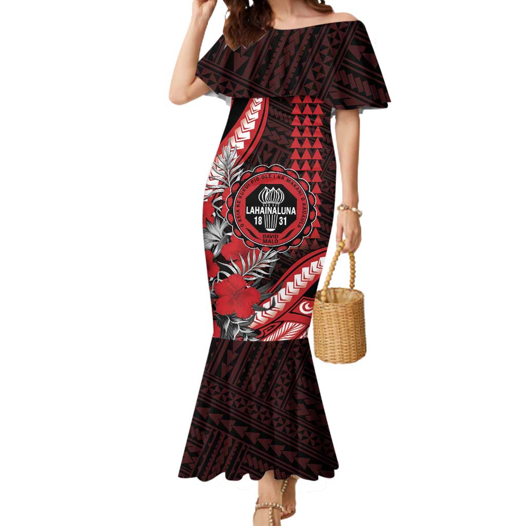 Personalized Hawaii Lahainaluna High School Mermaid Dress Tribal Tattoo With Hibiscus Flowers LT05 Women Red - Polynesian Pride