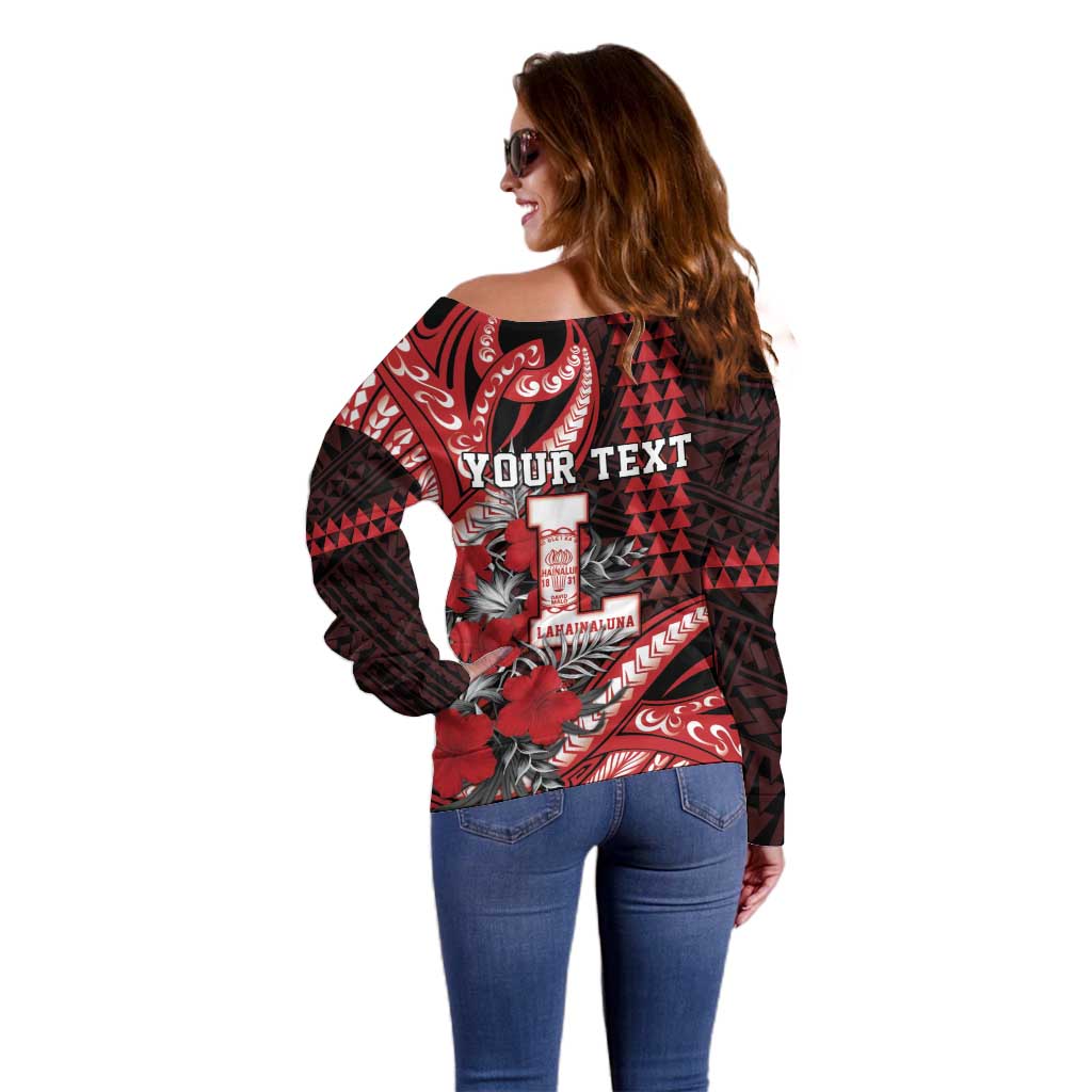 Personalized Hawaii Lahainaluna High School Off Shoulder Sweater Tribal Tattoo With Hibiscus Flowers