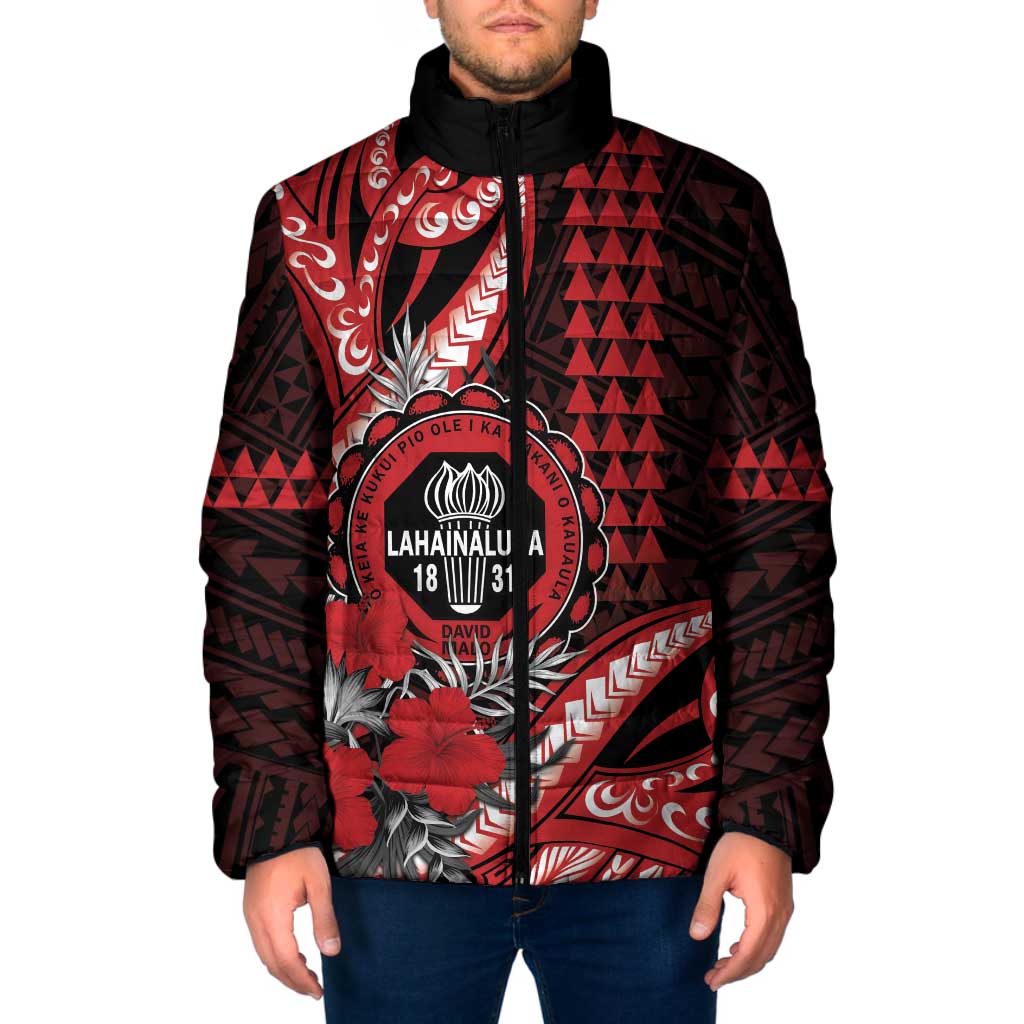 Personalized Hawaii Lahainaluna High School Padded Jacket Tribal Tattoo With Hibiscus Flowers LT05 Men Red - Polynesian Pride