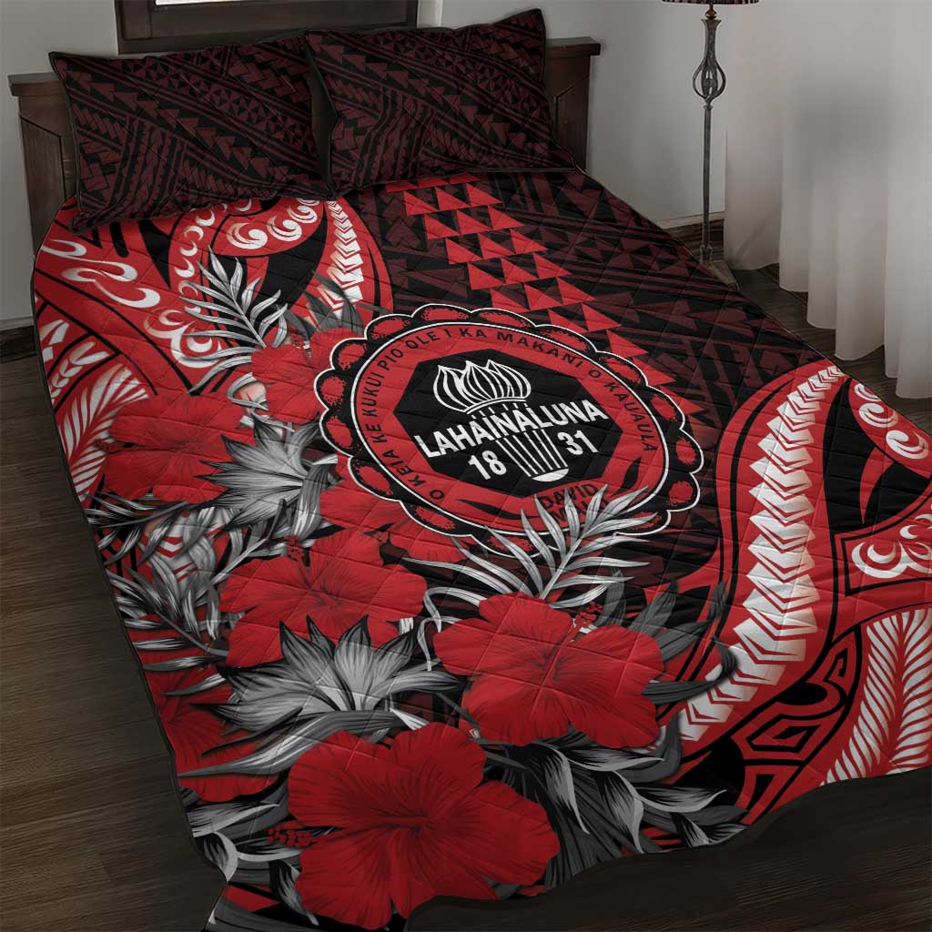 Hawaii Lahainaluna High School Quilt Bed Set Tribal Tattoo With Hibiscus Flowers LT05 Red - Polynesian Pride