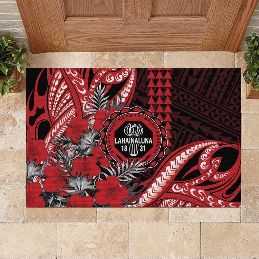 Hawaii Lahainaluna High School Rubber Doormat Tribal Tattoo With Hibiscus Flowers LT05 Red - Polynesian Pride