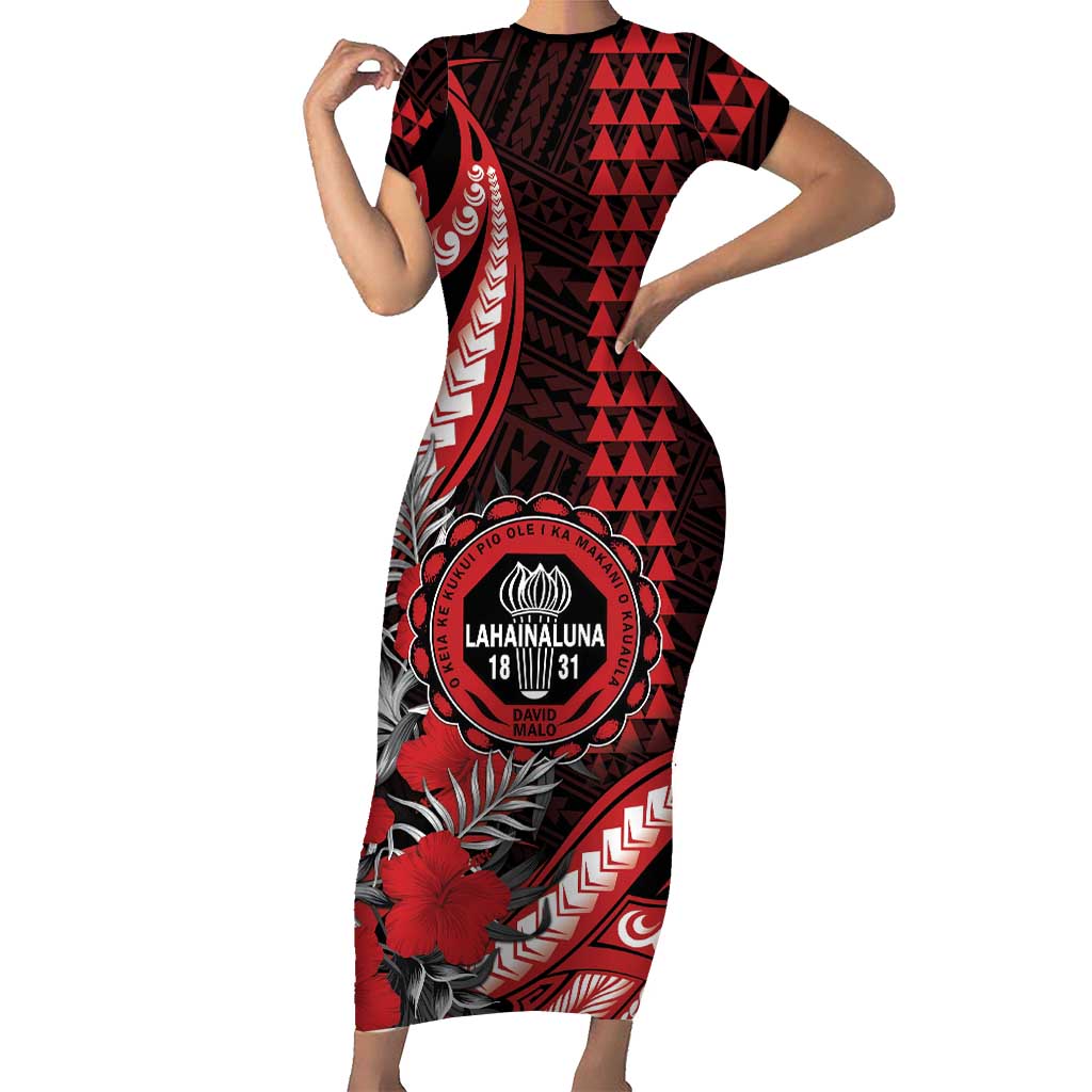 Personalized Hawaii Lahainaluna High School Short Sleeve Bodycon Dress Tribal Tattoo With Hibiscus Flowers LT05 Long Dress Red - Polynesian Pride