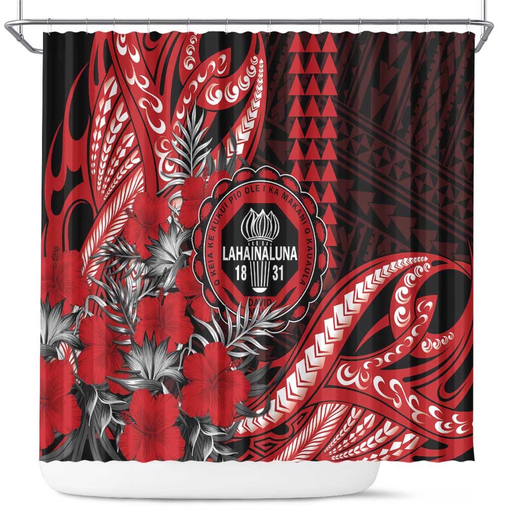 Hawaii Lahainaluna High School Shower Curtain Tribal Tattoo With Hibiscus Flowers LT05 Red - Polynesian Pride