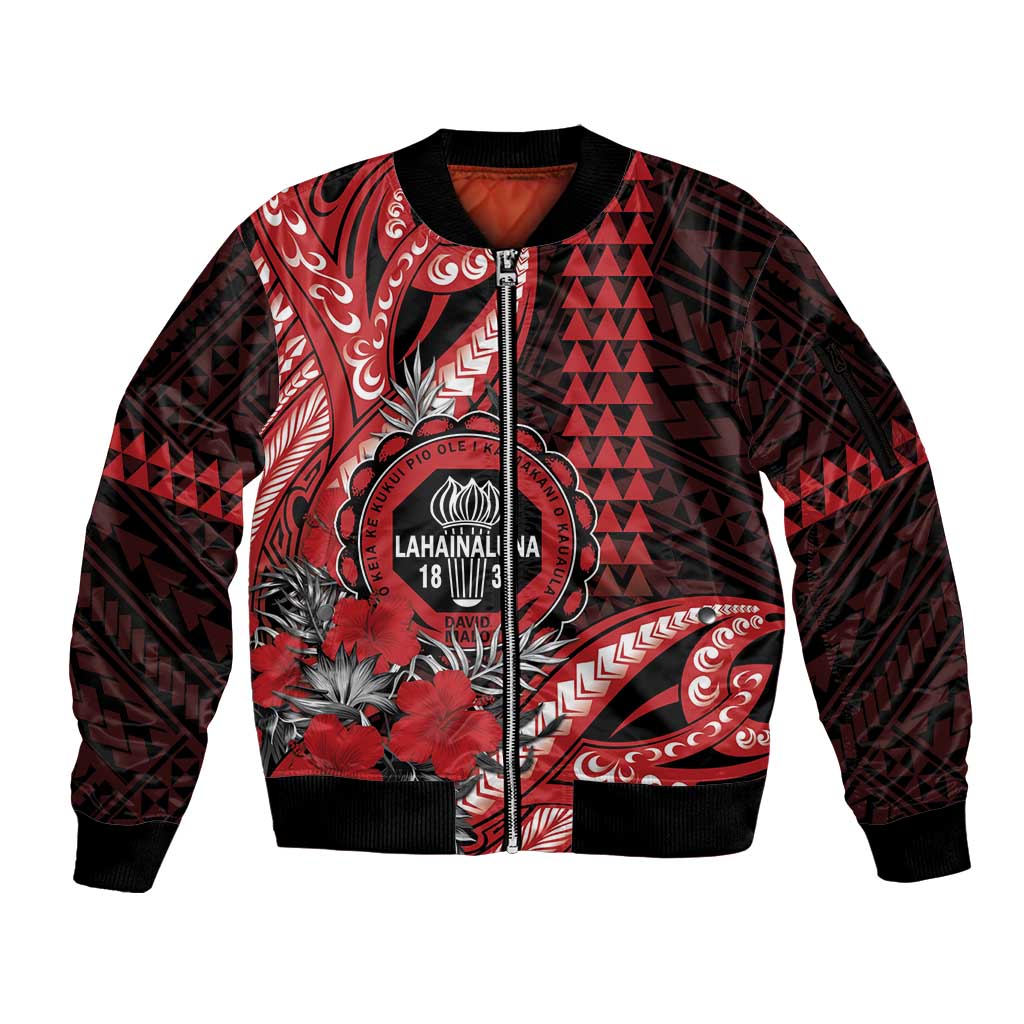 Personalized Hawaii Lahainaluna High School Sleeve Zip Bomber Jacket Tribal Tattoo With Hibiscus Flowers LT05 Unisex Red - Polynesian Pride