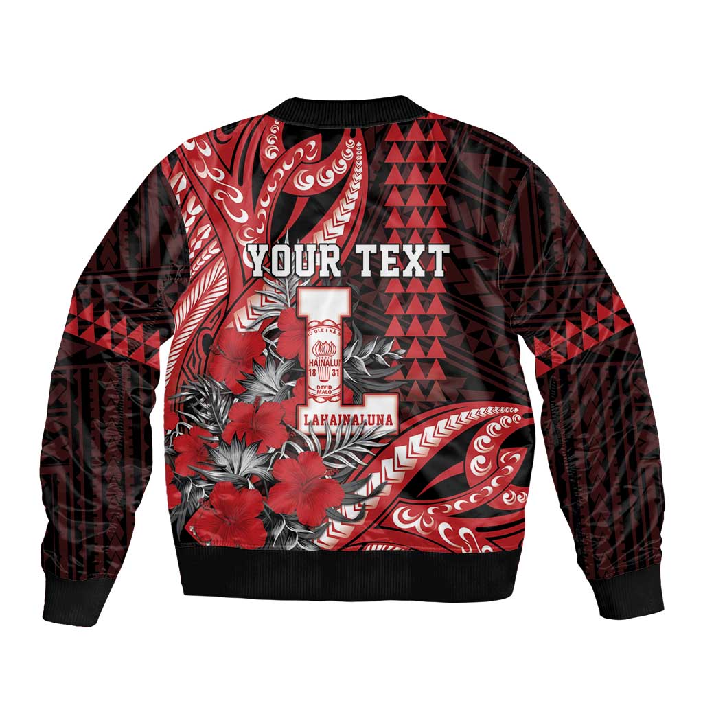 Personalized Hawaii Lahainaluna High School Sleeve Zip Bomber Jacket Tribal Tattoo With Hibiscus Flowers LT05 - Polynesian Pride