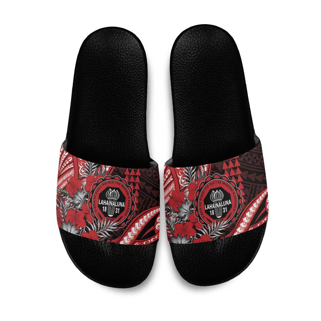 Hawaii Lahainaluna High School Slide Sandals Tribal Tattoo With Hibiscus Flowers LT05 Red - Polynesian Pride
