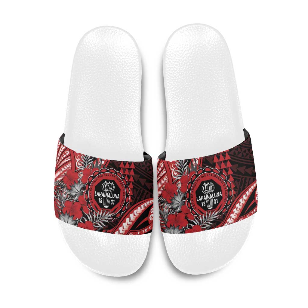 Hawaii Lahainaluna High School Slide Sandals Tribal Tattoo With Hibiscus Flowers LT05 Red - Polynesian Pride