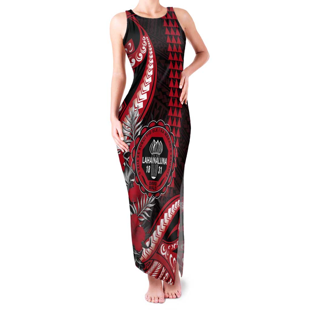 Personalized Hawaii Lahainaluna High School Tank Maxi Dress Tribal Tattoo With Hibiscus Flowers LT05 Women Red - Polynesian Pride