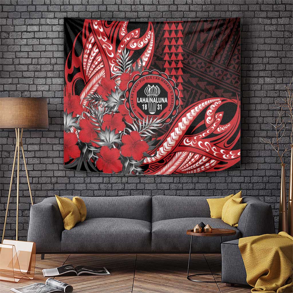 Hawaii Lahainaluna High School Tapestry Tribal Tattoo With Hibiscus Flowers LT05 Red - Polynesian Pride