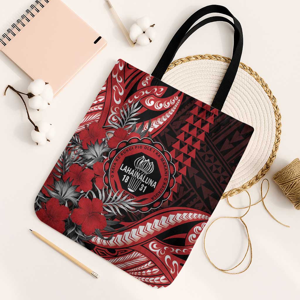 Hawaii Lahainaluna High School Tote Bag Tribal Tattoo With Hibiscus Flowers LT05 Black Strap One Size Red - Polynesian Pride