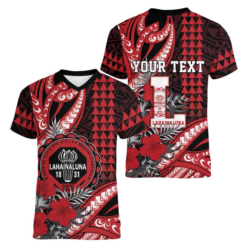Personalized Hawaii Lahainaluna High School Women V-Neck T-Shirt Tribal Tattoo With Hibiscus Flowers