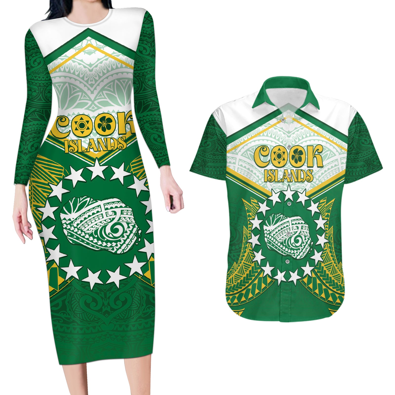 Personalised Cook Islands Ra o te Ui Ariki Couples Matching Long Sleeve Bodycon Dress and Hawaiian Shirt Polynesian Pattern LT05 Green - Polynesian Pride