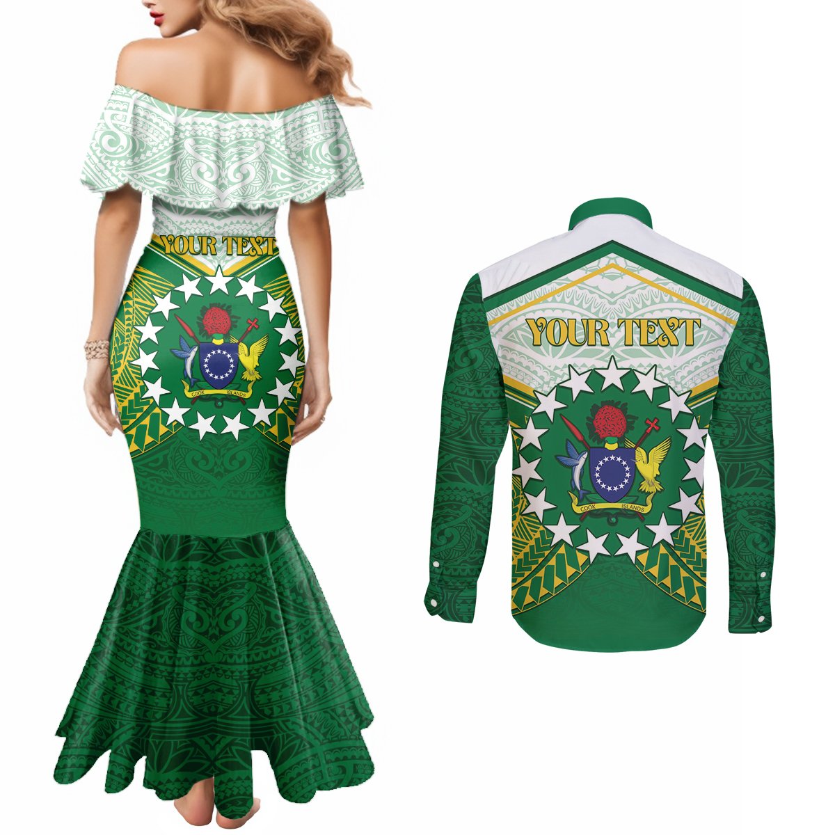 Personalised Cook Islands Ra o te Ui Ariki Couples Matching Mermaid Dress and Long Sleeve Button Shirt Polynesian Pattern LT05 - Polynesian Pride