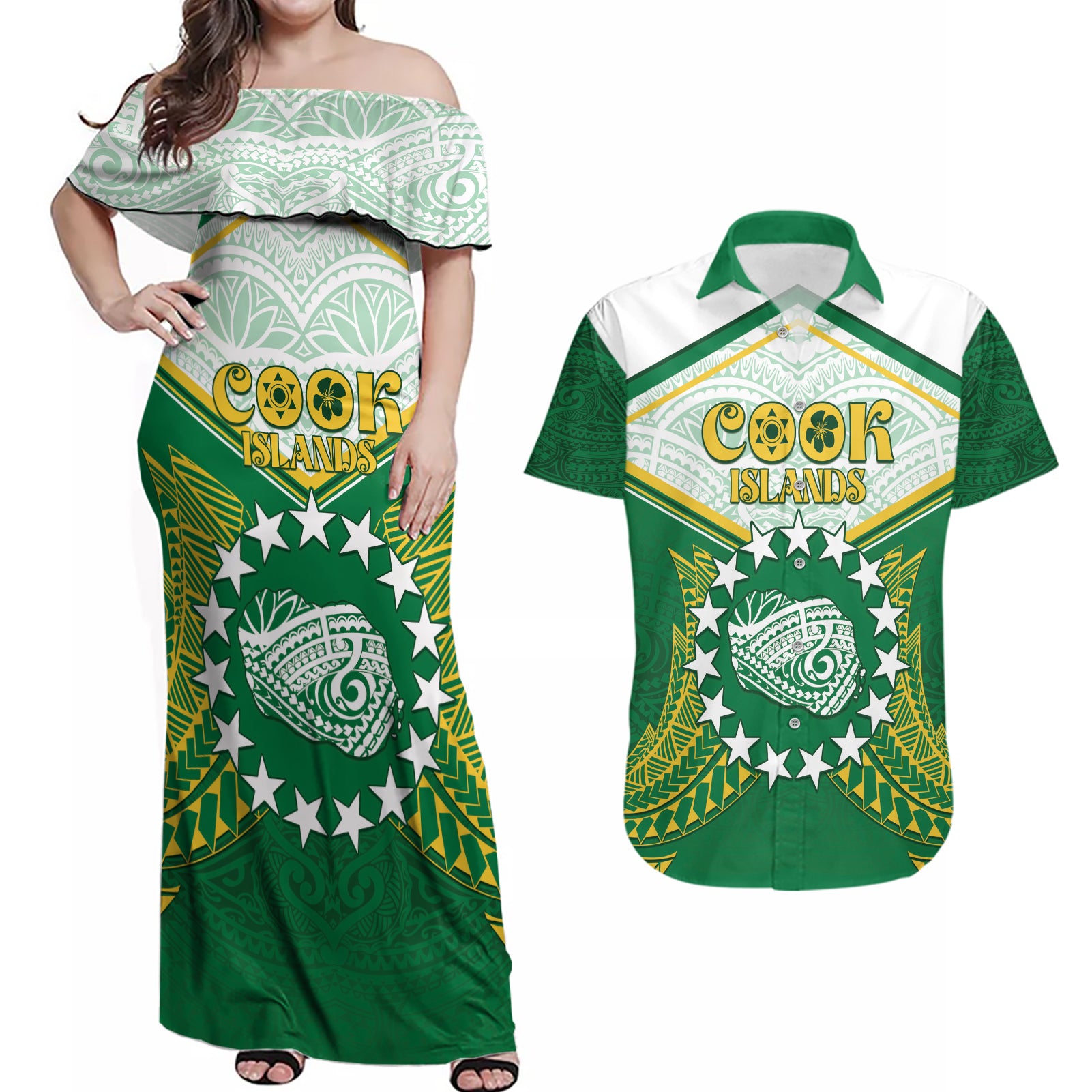 Personalised Cook Islands Ra o te Ui Ariki Couples Matching Off Shoulder Maxi Dress and Hawaiian Shirt Polynesian Pattern