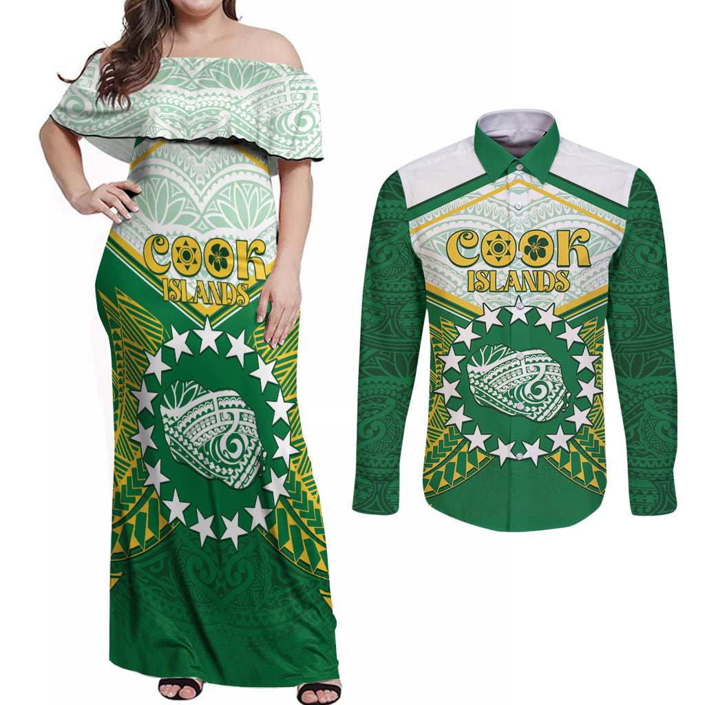 Personalised Cook Islands Ra o te Ui Ariki Couples Matching Off Shoulder Maxi Dress and Long Sleeve Button Shirt Polynesian Pattern LT05 Green - Polynesian Pride
