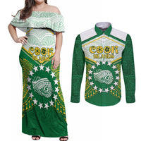 Personalised Cook Islands Ra o te Ui Ariki Couples Matching Off Shoulder Maxi Dress and Long Sleeve Button Shirt Polynesian Pattern LT05 Green - Polynesian Pride