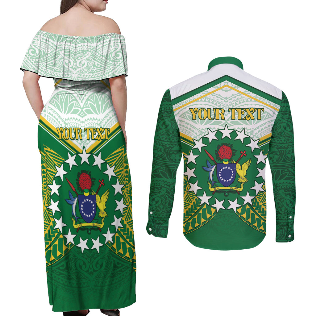 Personalised Cook Islands Ra o te Ui Ariki Couples Matching Off Shoulder Maxi Dress and Long Sleeve Button Shirt Polynesian Pattern LT05 - Polynesian Pride