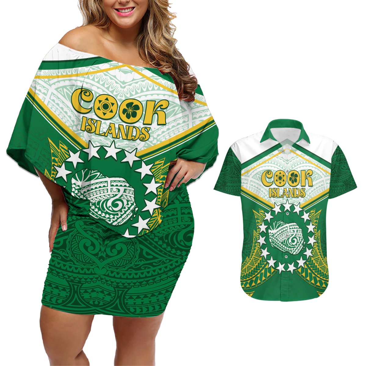 Personalised Cook Islands Ra o te Ui Ariki Couples Matching Off Shoulder Short Dress and Hawaiian Shirt Polynesian Pattern LT05 Green - Polynesian Pride