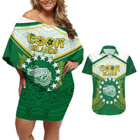 Personalised Cook Islands Ra o te Ui Ariki Couples Matching Off Shoulder Short Dress and Hawaiian Shirt Polynesian Pattern LT05 Green - Polynesian Pride