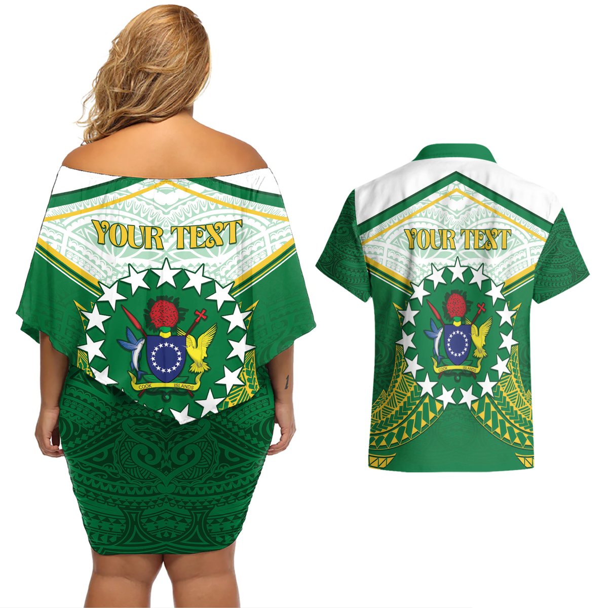 Personalised Cook Islands Ra o te Ui Ariki Couples Matching Off Shoulder Short Dress and Hawaiian Shirt Polynesian Pattern LT05 - Polynesian Pride