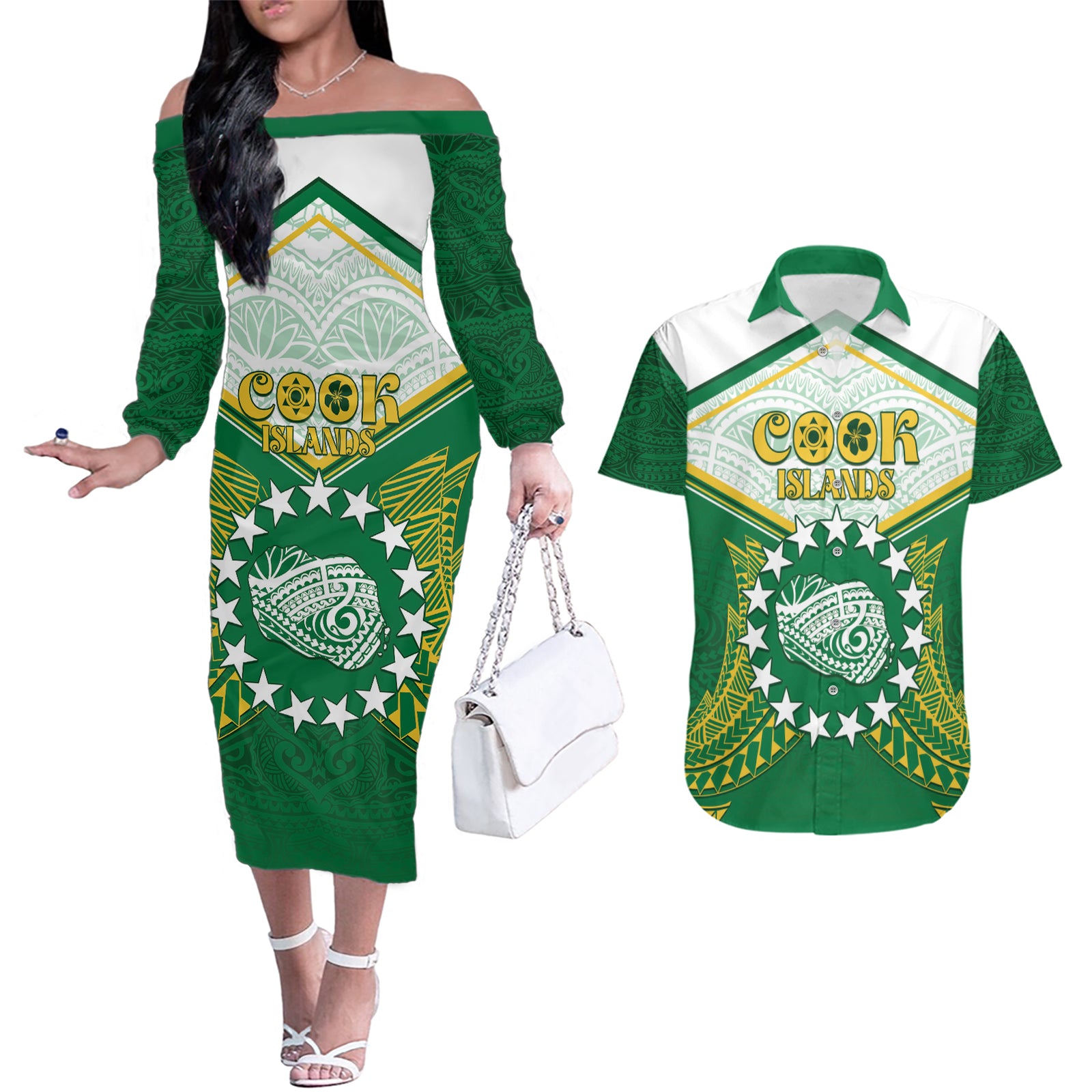 Personalised Cook Islands Ra o te Ui Ariki Couples Matching Off The Shoulder Long Sleeve Dress and Hawaiian Shirt Polynesian Pattern LT05 Green - Polynesian Pride