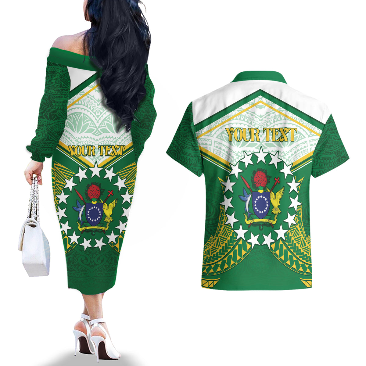 Personalised Cook Islands Ra o te Ui Ariki Couples Matching Off The Shoulder Long Sleeve Dress and Hawaiian Shirt Polynesian Pattern LT05 - Polynesian Pride