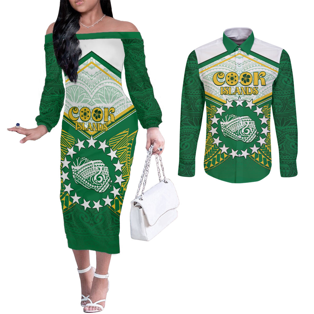 Personalised Cook Islands Ra o te Ui Ariki Couples Matching Off The Shoulder Long Sleeve Dress and Long Sleeve Button Shirt Polynesian Pattern LT05 Green - Polynesian Pride