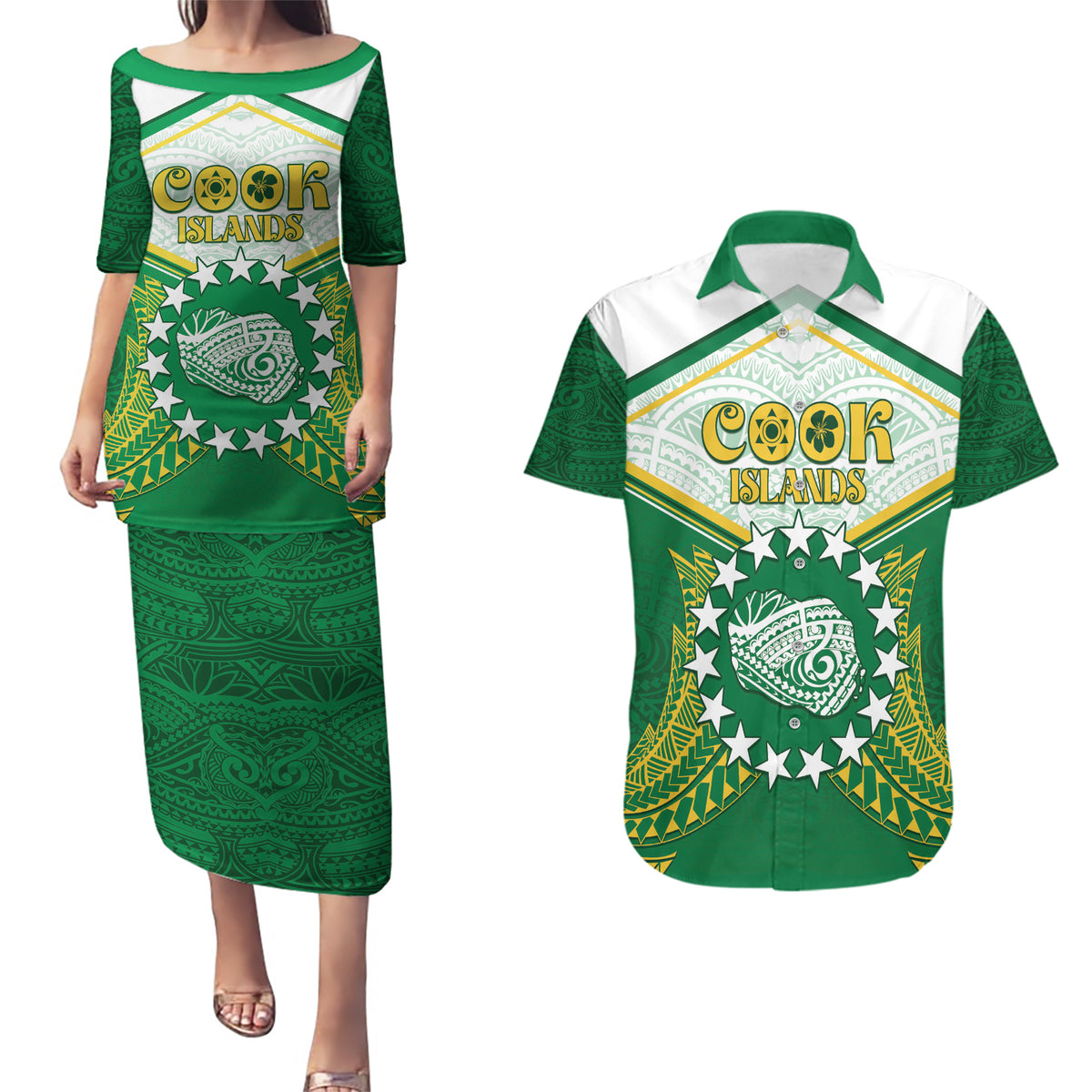 Personalised Cook Islands Ra o te Ui Ariki Couples Matching Puletasi and Hawaiian Shirt Polynesian Pattern LT05 Green - Polynesian Pride