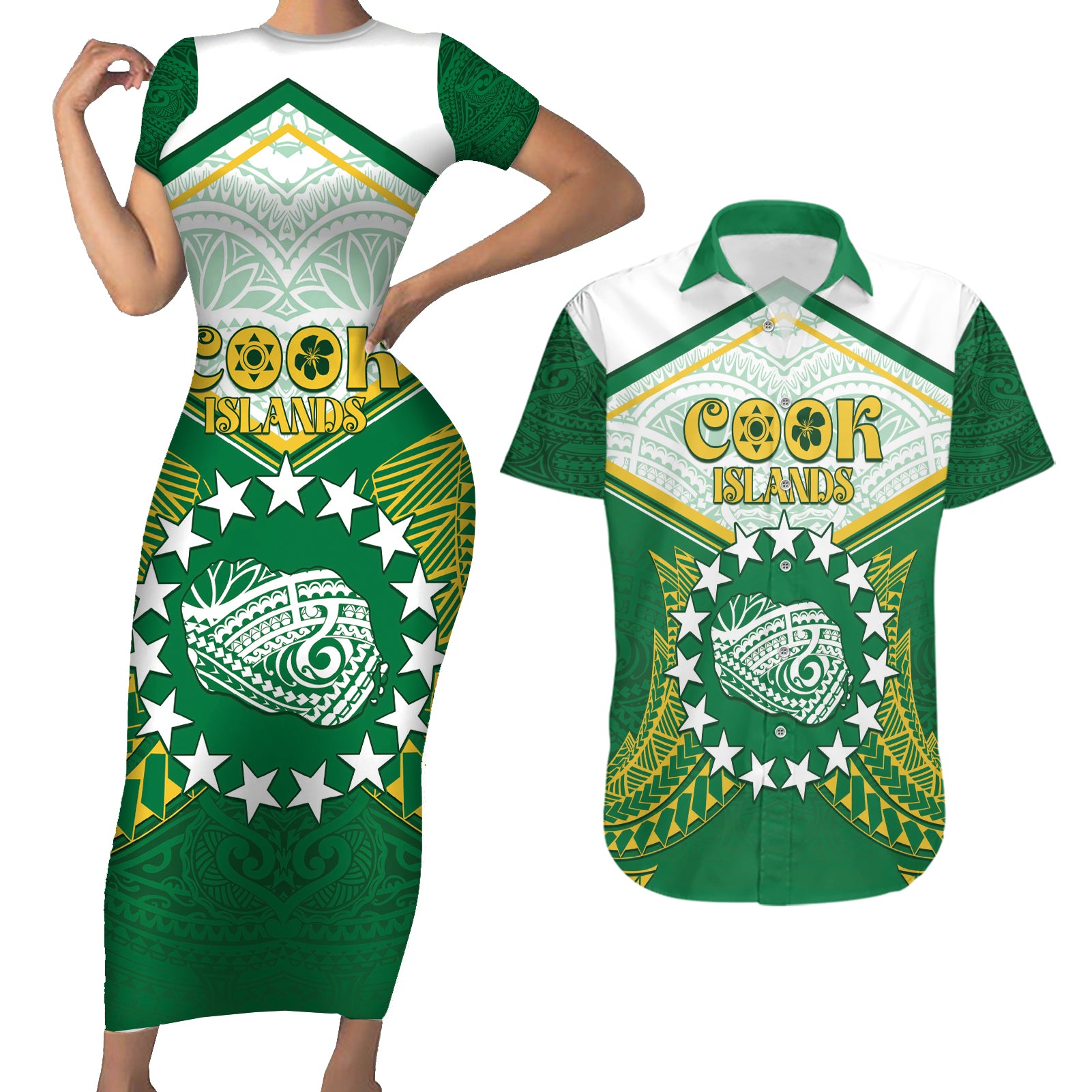 Personalised Cook Islands Ra o te Ui Ariki Couples Matching Short Sleeve Bodycon Dress and Hawaiian Shirt Polynesian Pattern