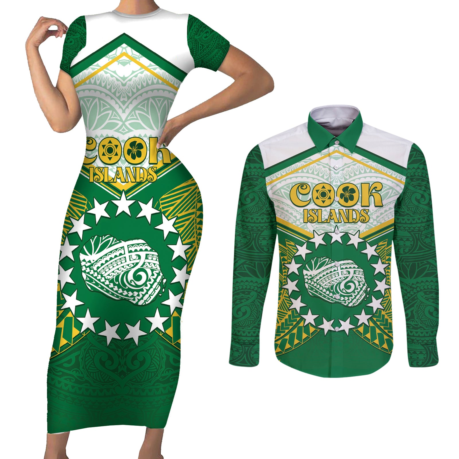 Personalised Cook Islands Ra o te Ui Ariki Couples Matching Short Sleeve Bodycon Dress and Long Sleeve Button Shirt Polynesian Pattern LT05 Green - Polynesian Pride