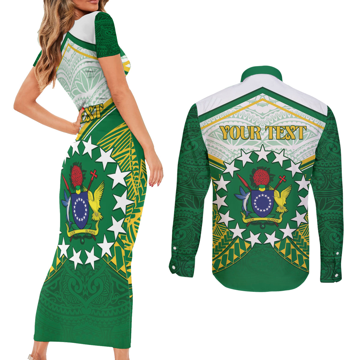 Personalised Cook Islands Ra o te Ui Ariki Couples Matching Short Sleeve Bodycon Dress and Long Sleeve Button Shirt Polynesian Pattern LT05 - Polynesian Pride